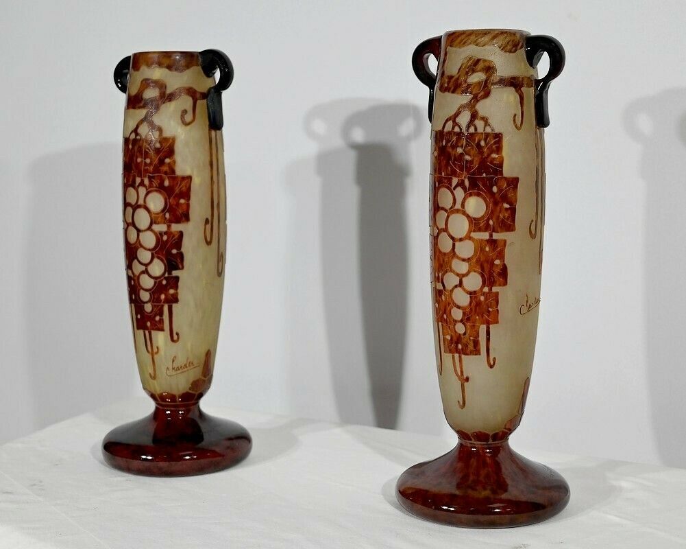 Pair Of “French Glass” Vases, Signed Charder, Art Deco – 1920 photo for sale