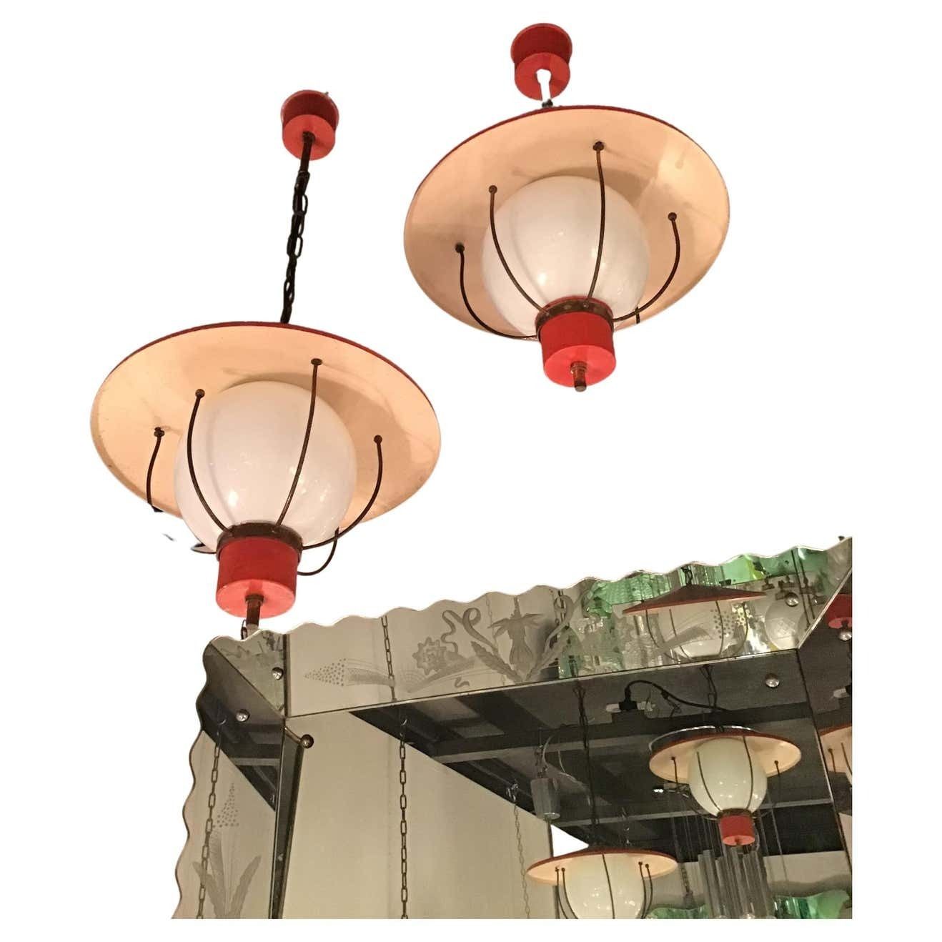 Stilnovo Couple Chandeliers Glass Metal Brass 1950 Italy