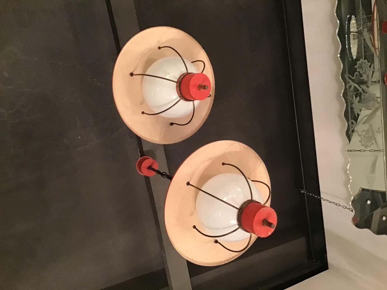 2248.0 Stilnovo Couple Chandeliers Glass Metal Brass 1950 Italy photo