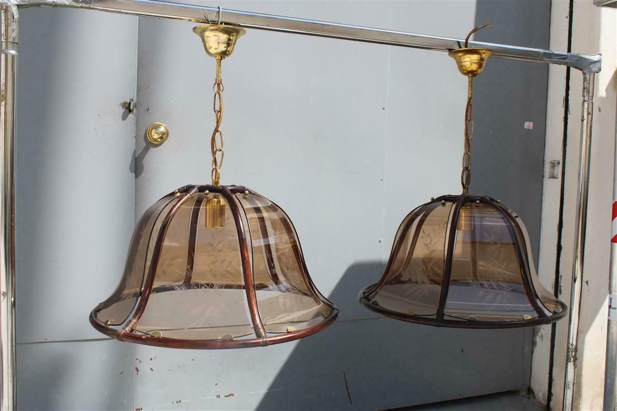 Pair Of Round Dome Chandeliers Bamboo Glass Decorated With Leaves, Italy photo Lighting