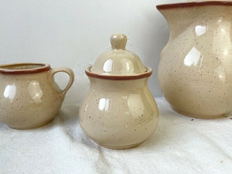 Coffee Service In Speckled Vintage  Sandstone Tulowice Style Mid Century Xxth  Beige Cups Poland Tableware photo vintage