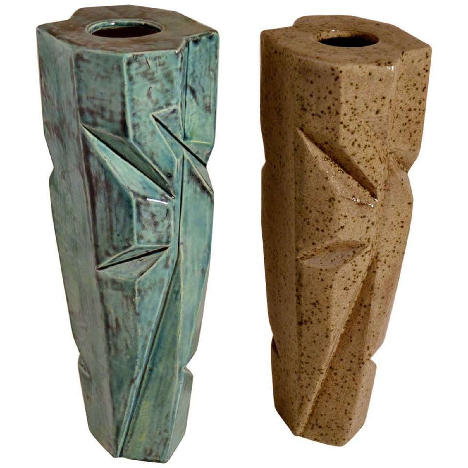 Pair Of Studio Pottery Vases In Blue And Beige Glaze