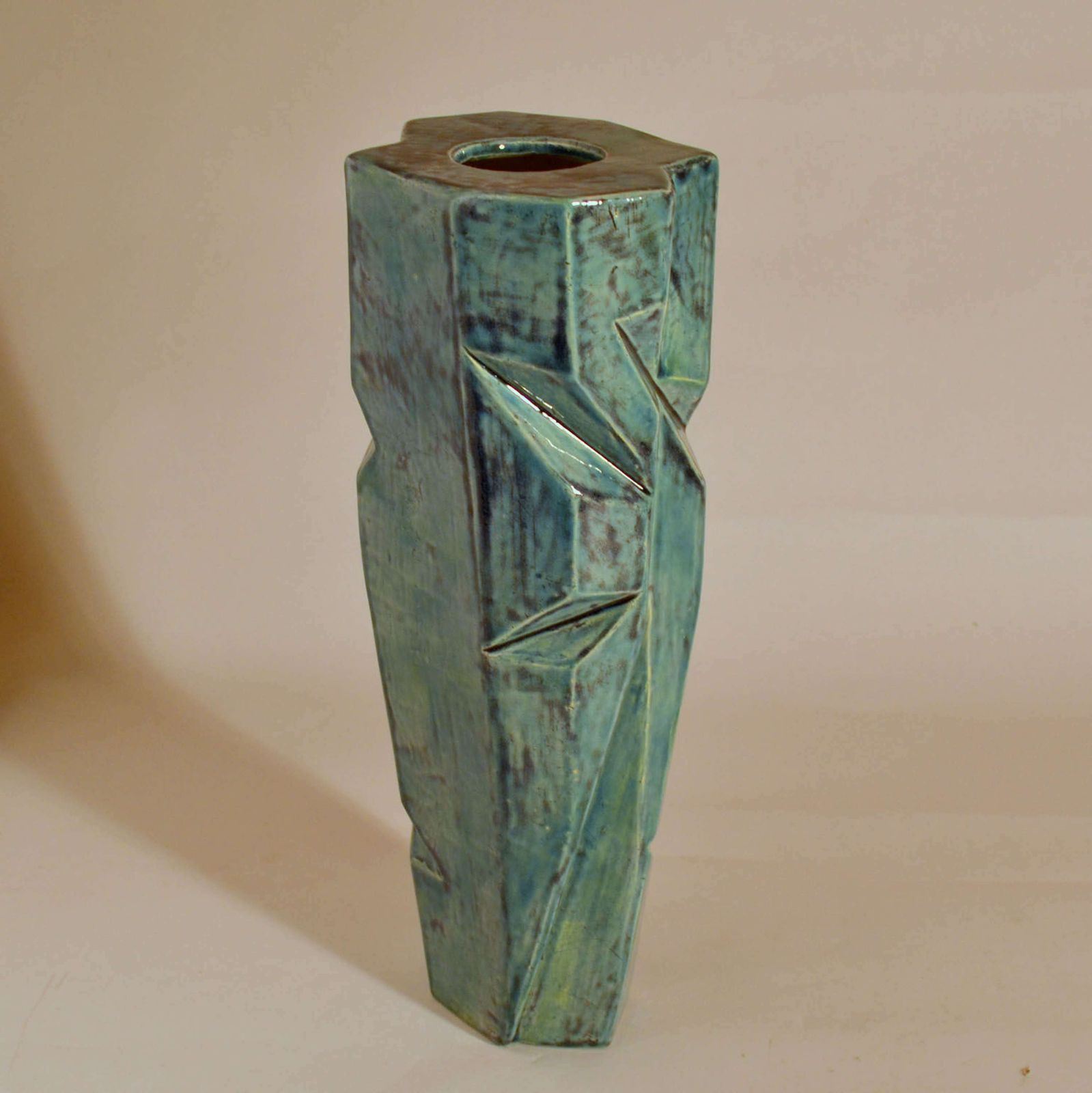Pair Of Studio Pottery Vases In Blue And Beige Glaze photo for sale
