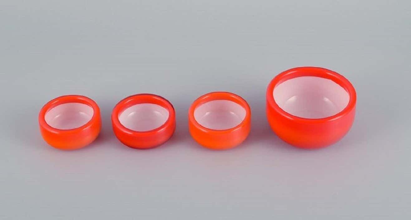Michael Bang For Holmegaard, Four Glass Bowls In Orange And White Art Glass photo furniture