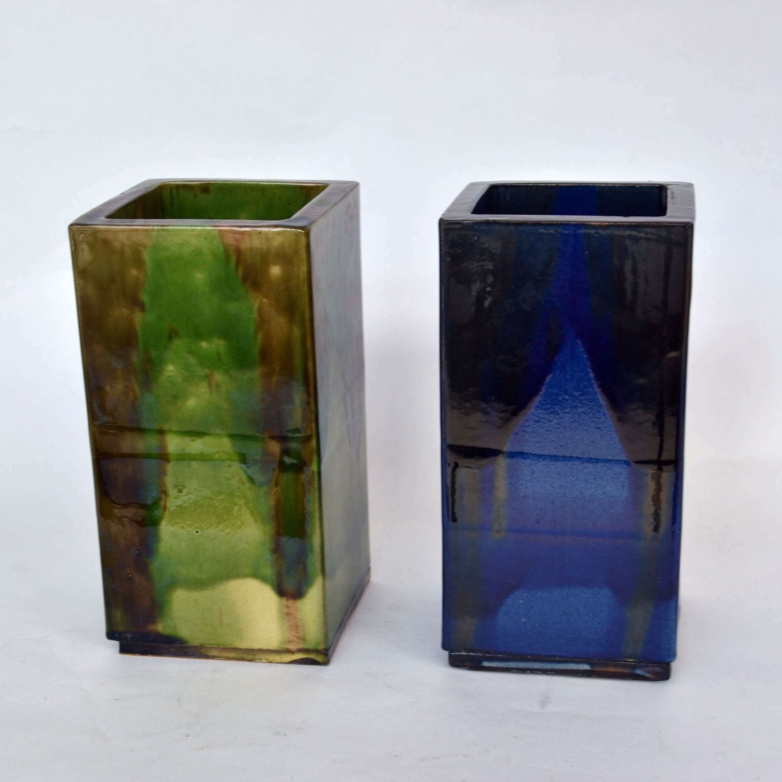 Pair Of French Square Studio Pottery Vases In Blue & Sage photo furniture