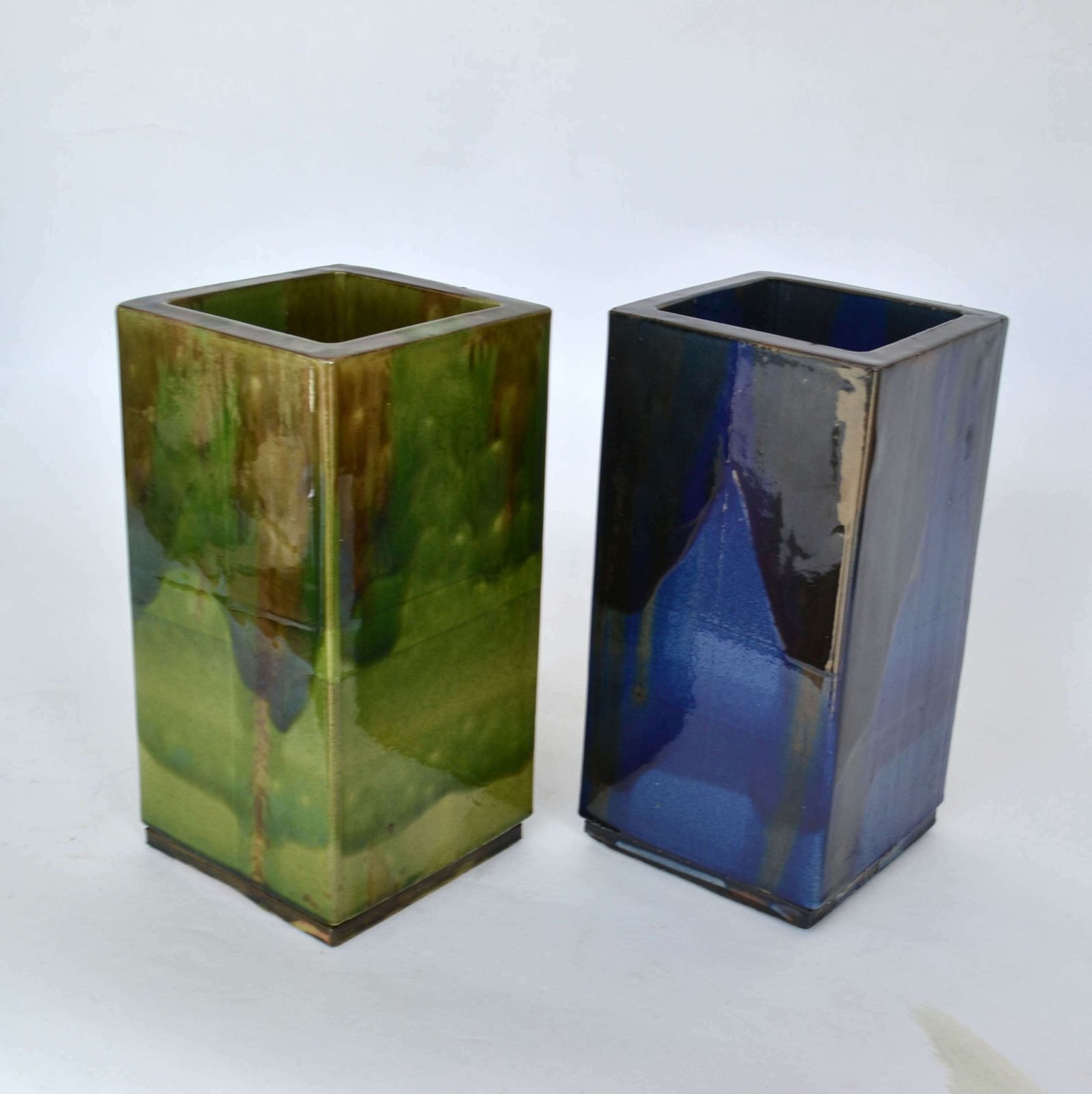 Pair Of French Square Studio Pottery Vases In Blue & Sage photo for sale
