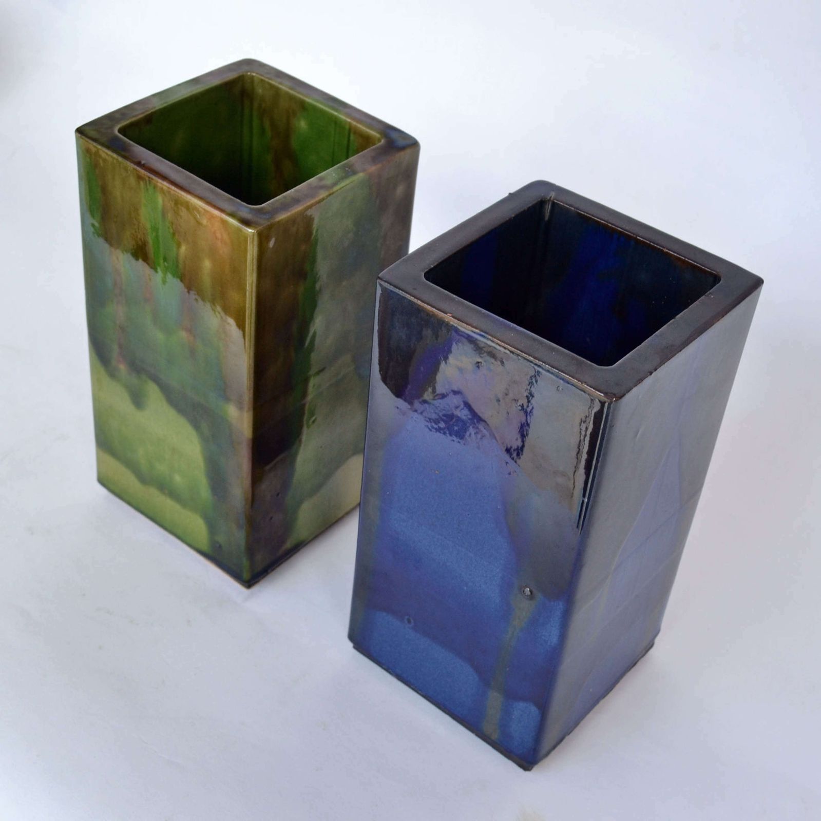 Pair Of French Square Studio Pottery Vases In Blue & Sage photo 550.0