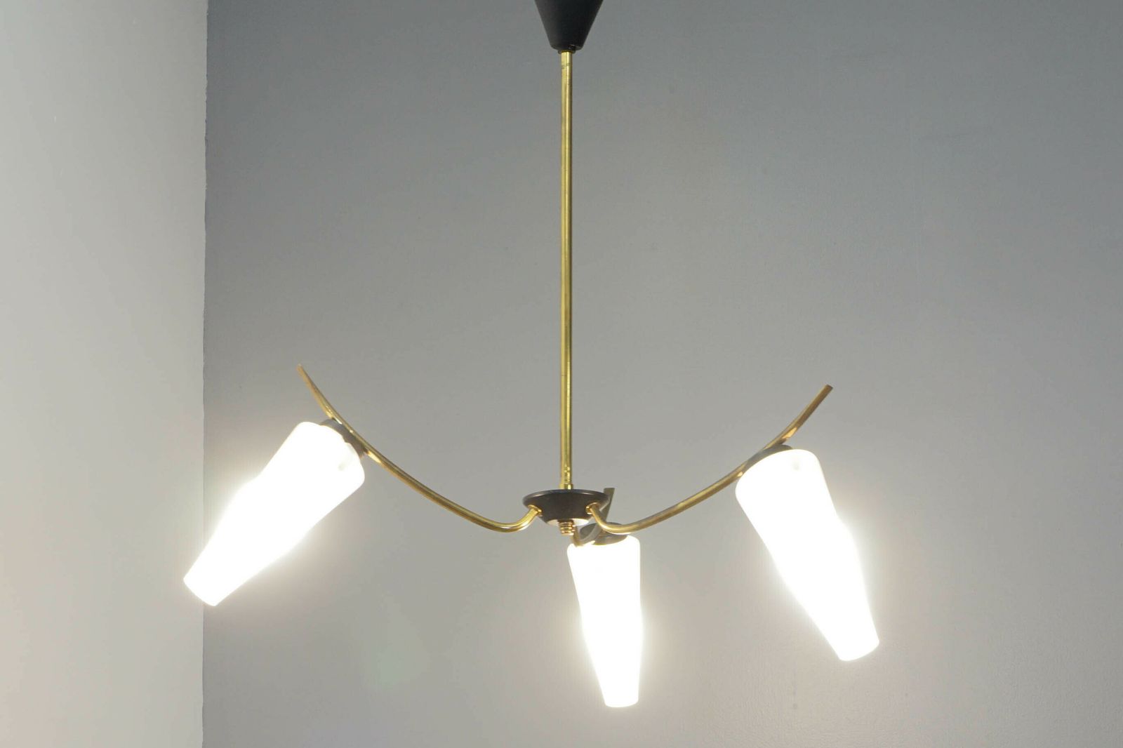 French Mid Century Pendant Light With Frosted Glass Tulip Shades photo furniture