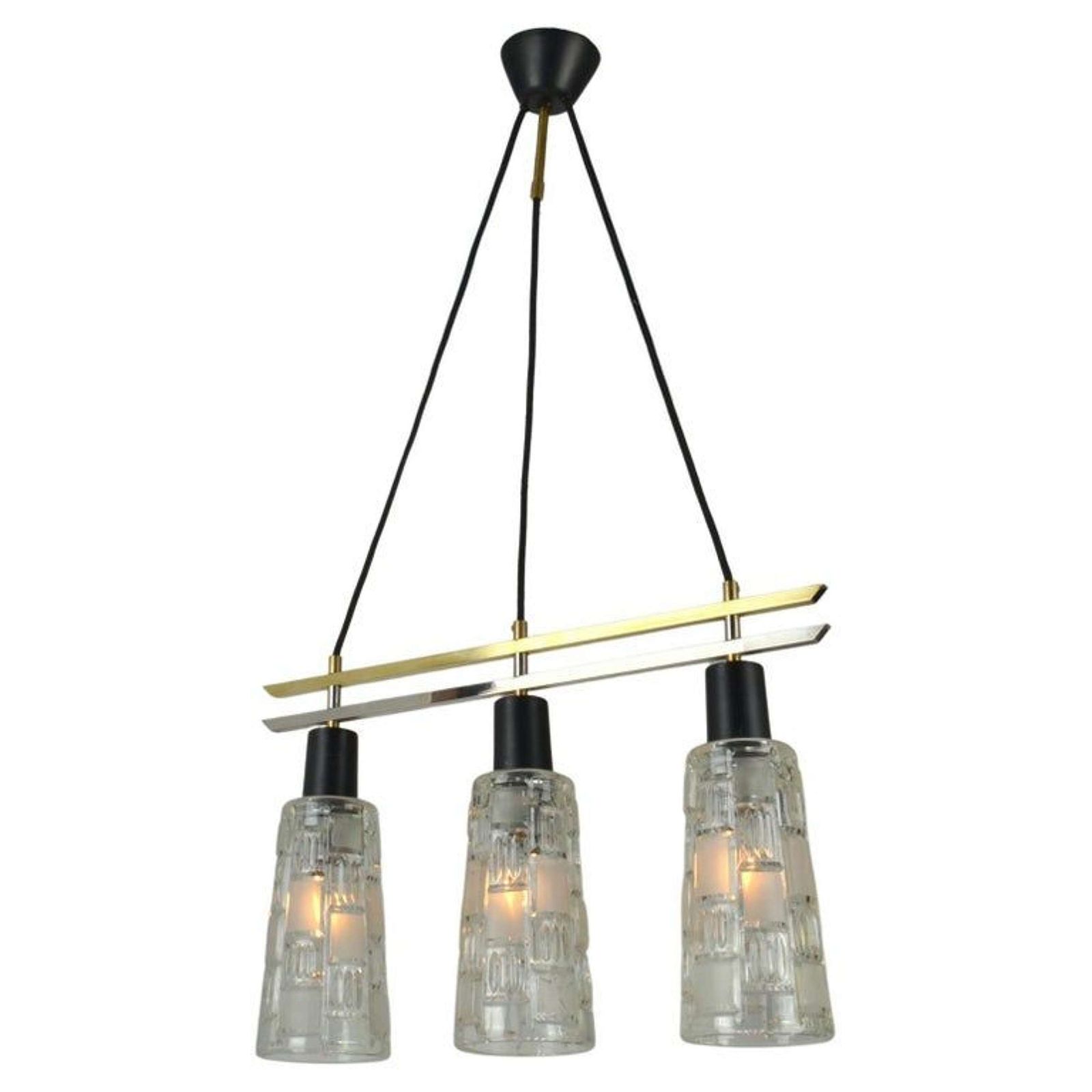 Triple Light Chandelier In Brass Chrome And Clear Glass 1960's photo for sale
