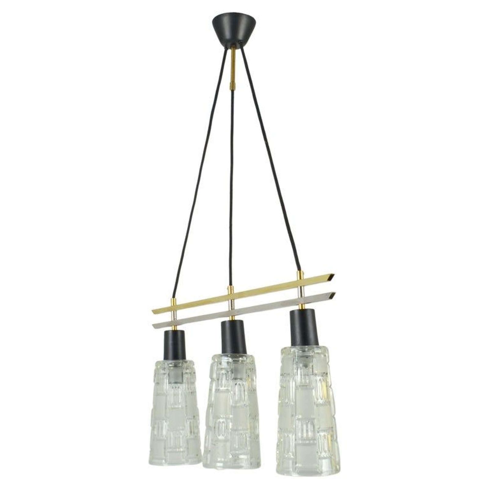 Triple Light Chandelier In Brass Chrome And Clear Glass 1960's photo 1250.0