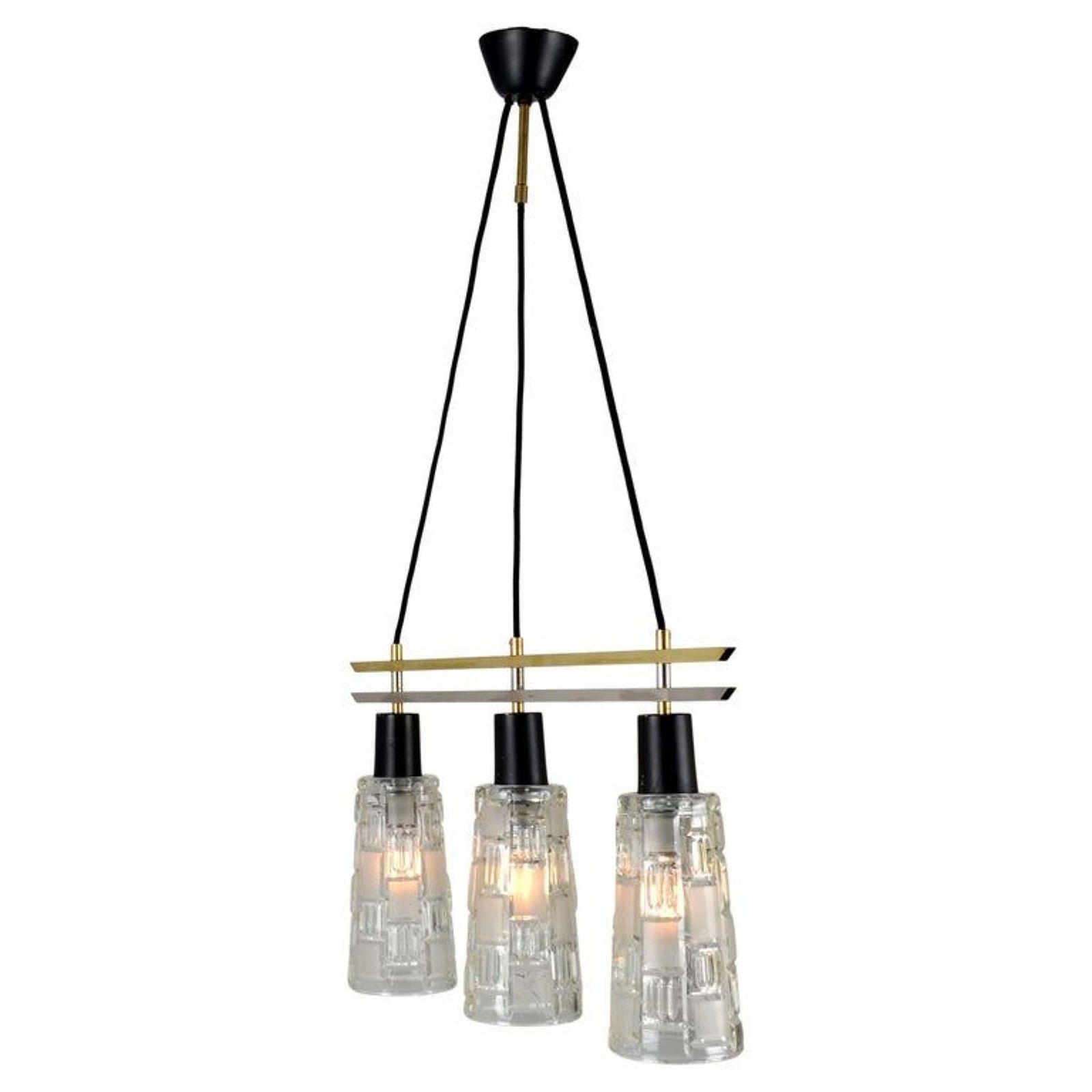 Triple Light Chandelier In Brass Chrome And Clear Glass 1960's photo vintage