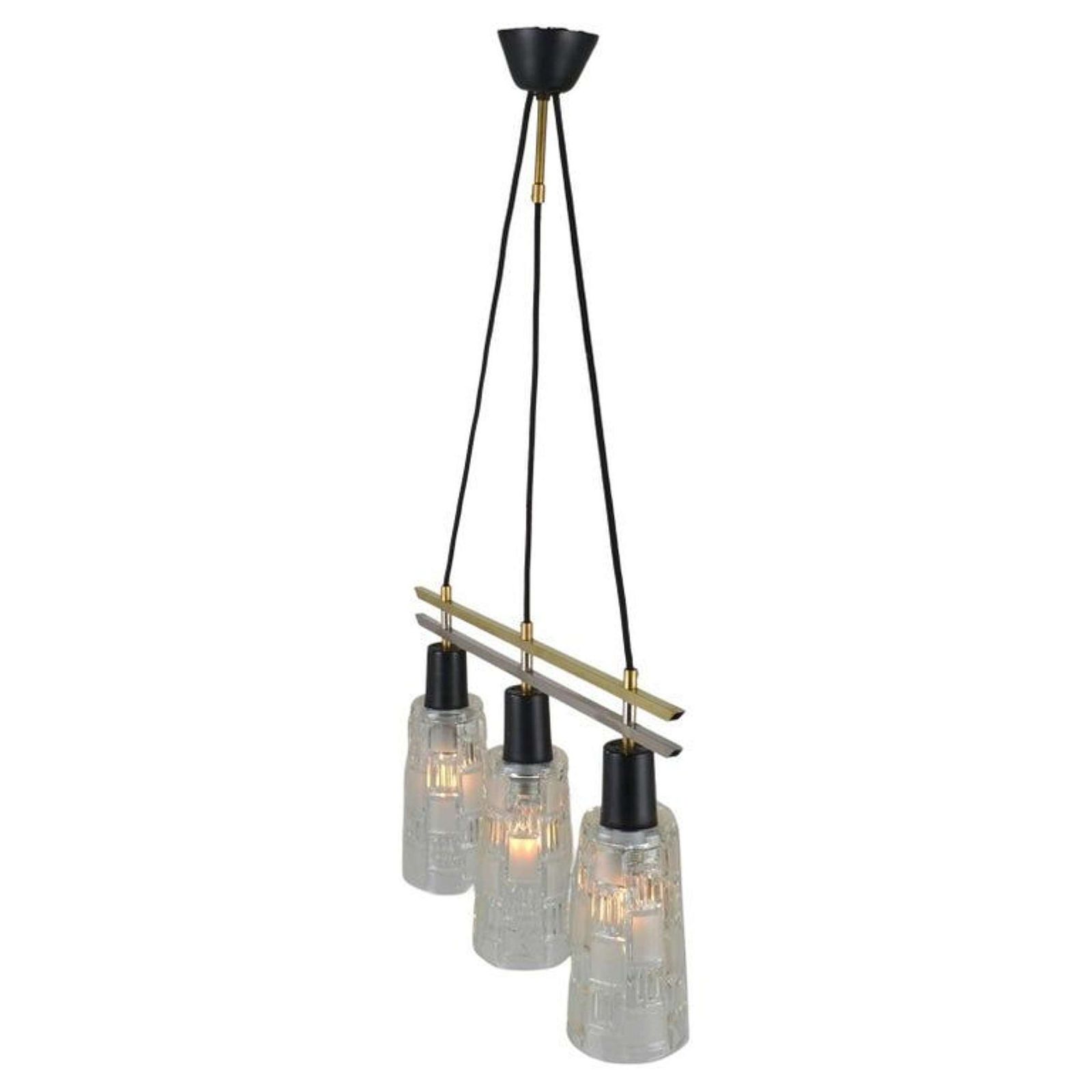 photo for sale Triple Light Chandelier In Brass Chrome And Clear Glass 1960's