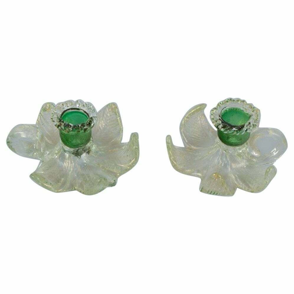 Murano Italy A Pair Of Low Candlesticks In Green And Clear Art Glass 1960 70s photo furniture