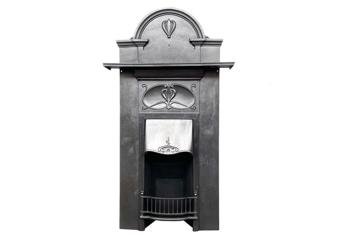 Tall Antique Edwardian Art  Nouveau Cast Iron Combination Fireplace photo vintage
