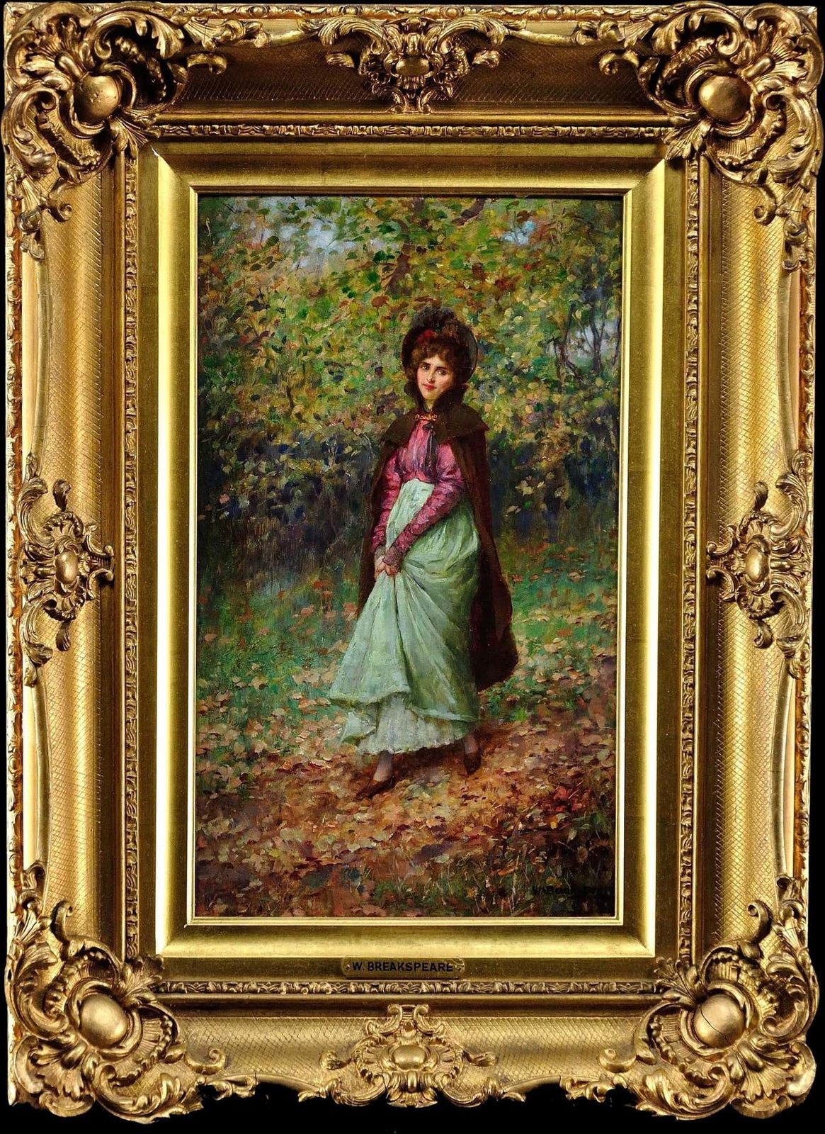 William Arthur Breakspeare 1855 To 1914. A Rendezvous In The Park In The Autumn Fall. Framed Oil Painting. Young Lovers Meeting Out Of Plain Sight.
