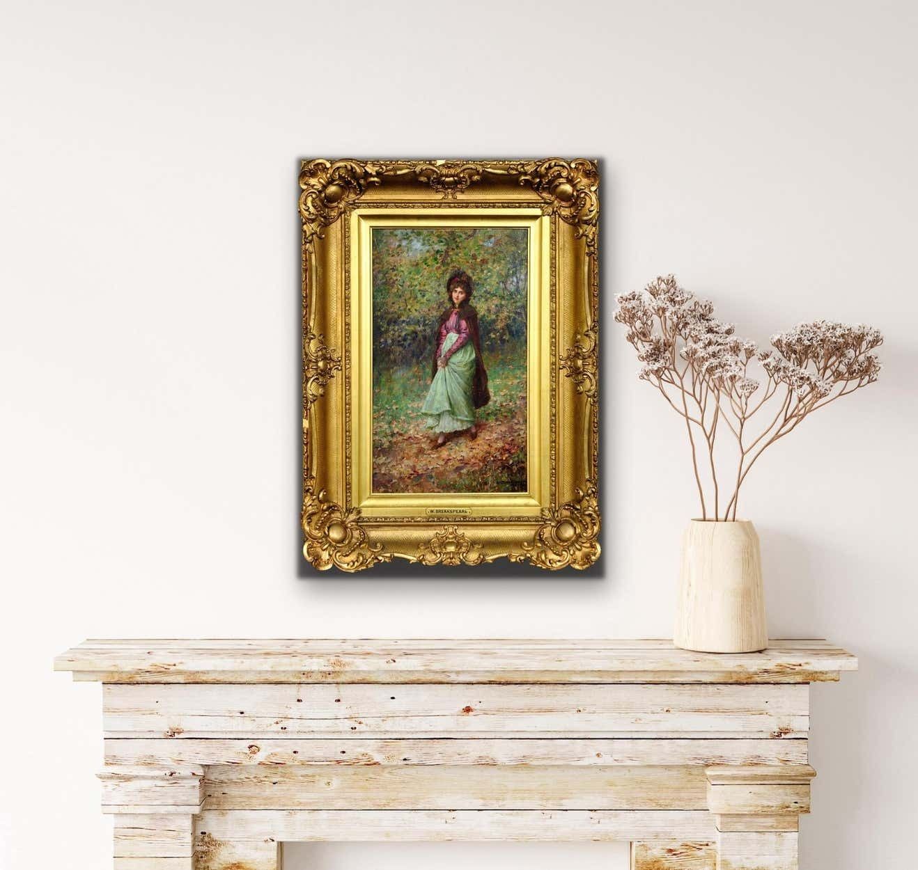 photo vintage William Arthur Breakspeare 1855 To 1914. A Rendezvous In The Park In The Autumn Fall. Framed Oil Painting. Young Lovers Meeting Out Of Plain Sight.