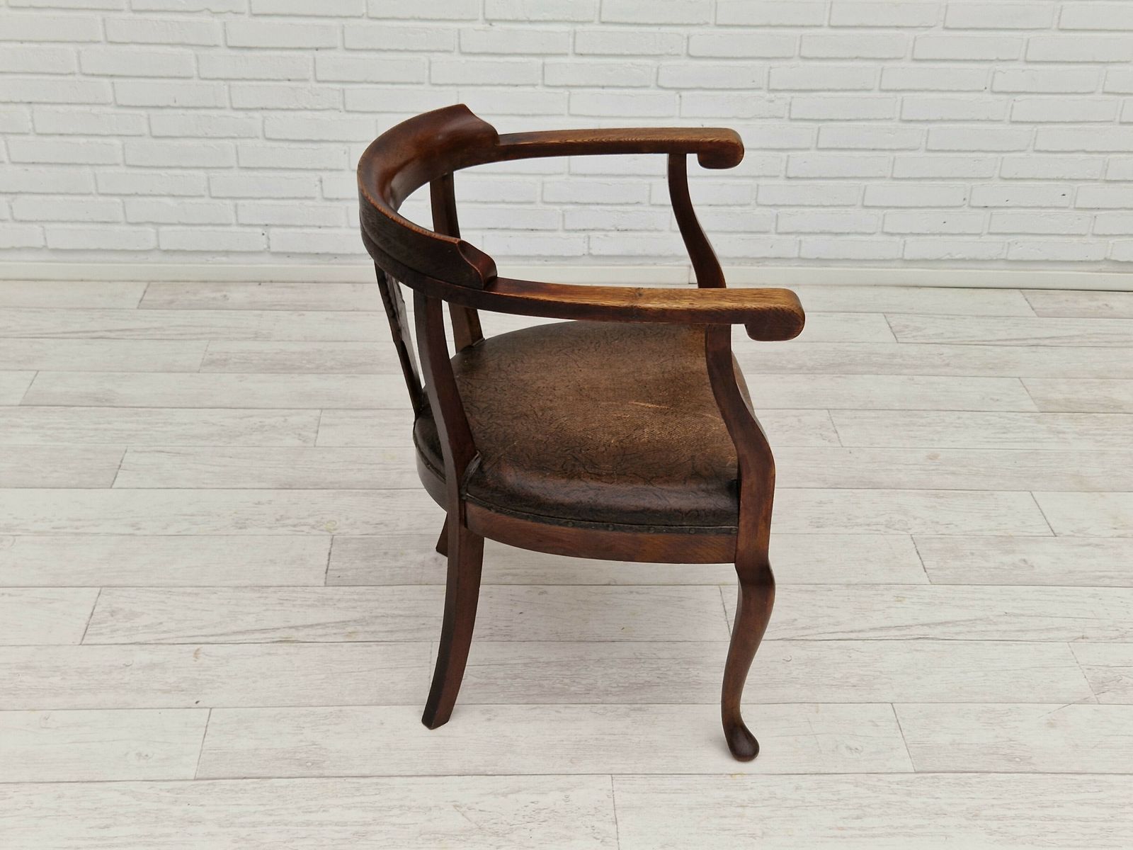 500.0 1950s, Scandinavian Vintage Armchair, Original Condition, Leather, Oak Wood. photo