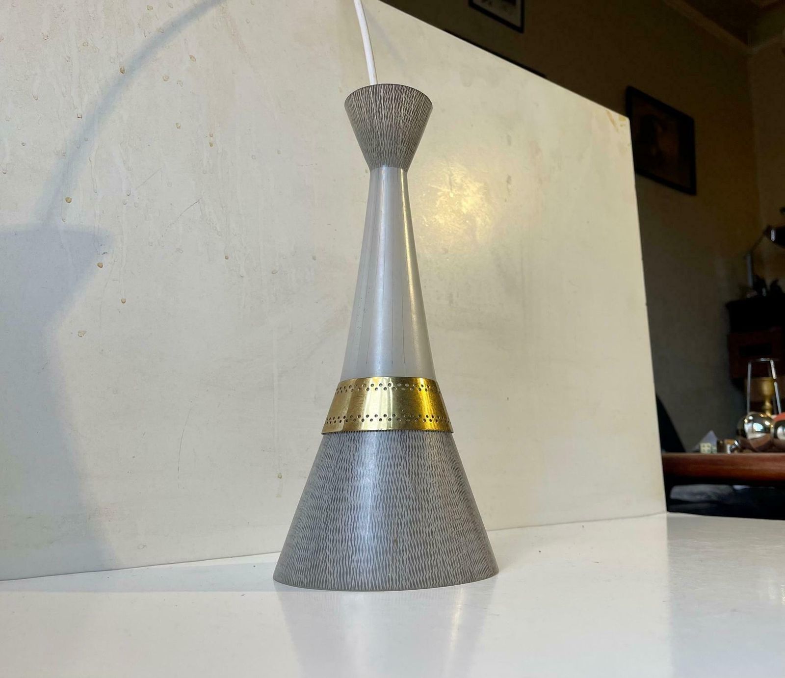 Mid Century Italian Glass And Brass Pendant Light Attributed To Stilnovo 1950s photo for sale