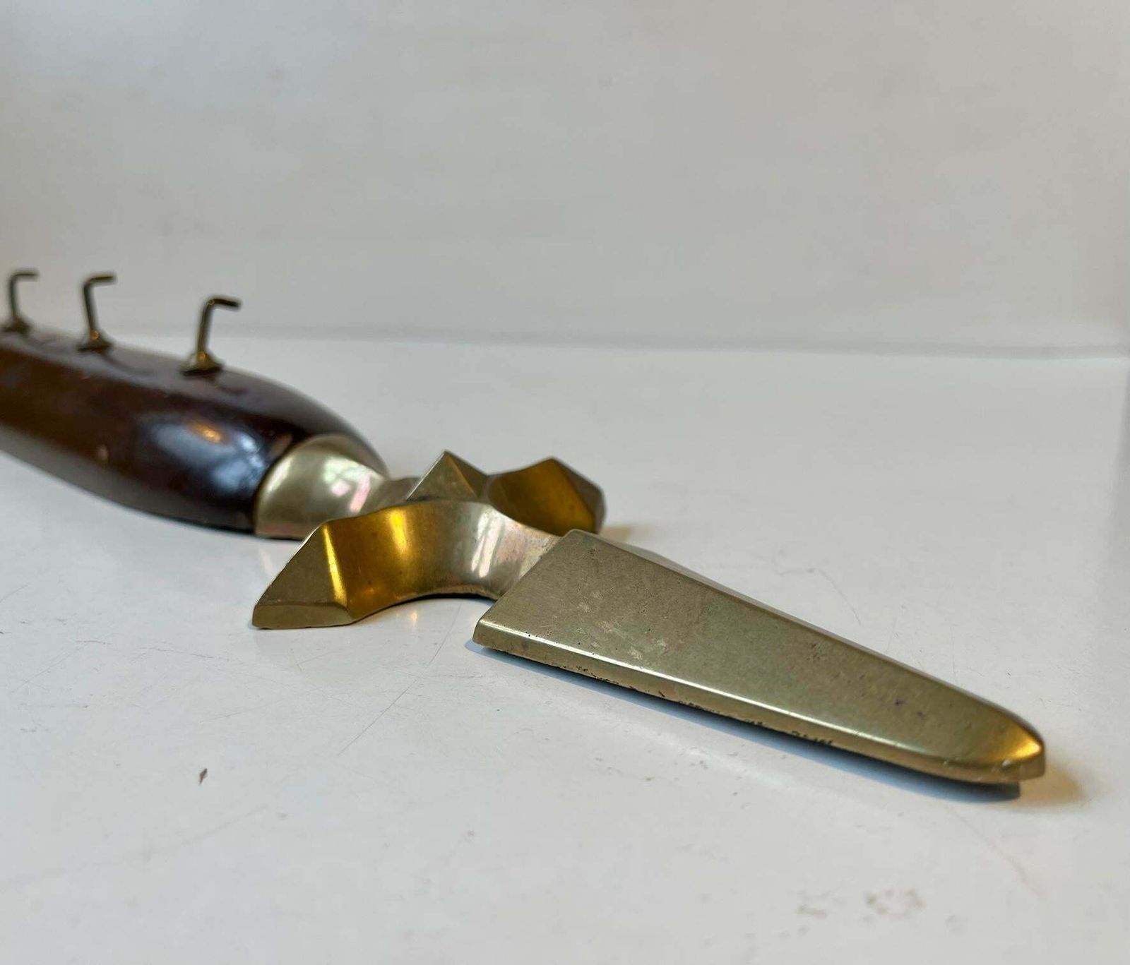 Antique Battle Axe Key Or Towel Rack In Brass And Mahogany photo for sale