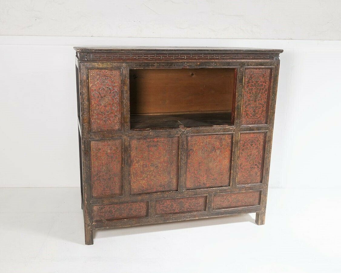 Original 19thc Large Chinese Tibetan Hand Painted Lacquered Alter Cupboard Sideboard photo for sale