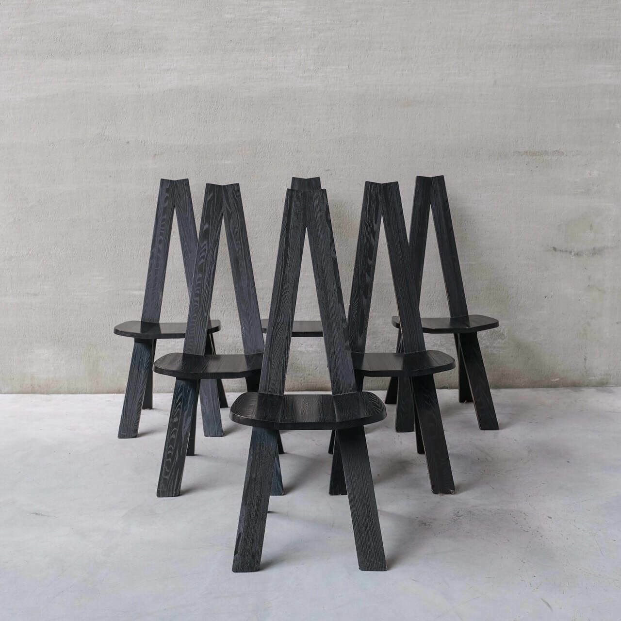 Set Of Six Black French Pierre Chapo Mid Century Dining Chairs