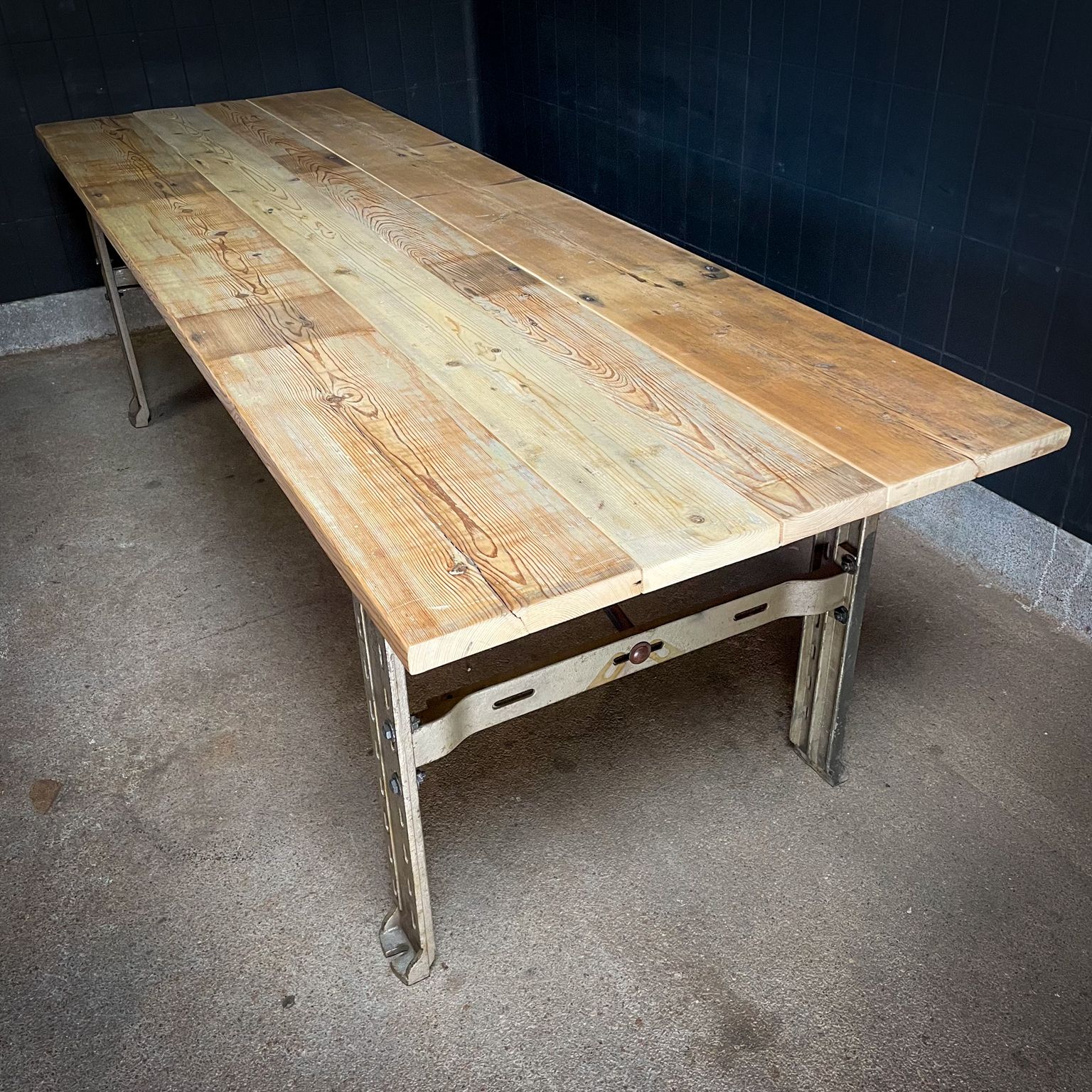 Industrial Dining Table   Antique Wooden Top   Steel Machine Base photo furniture
