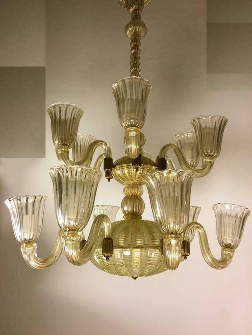 Italian Chandelier Gold Inclusion By Barovier & Toso, Murano, 1940s photo buy