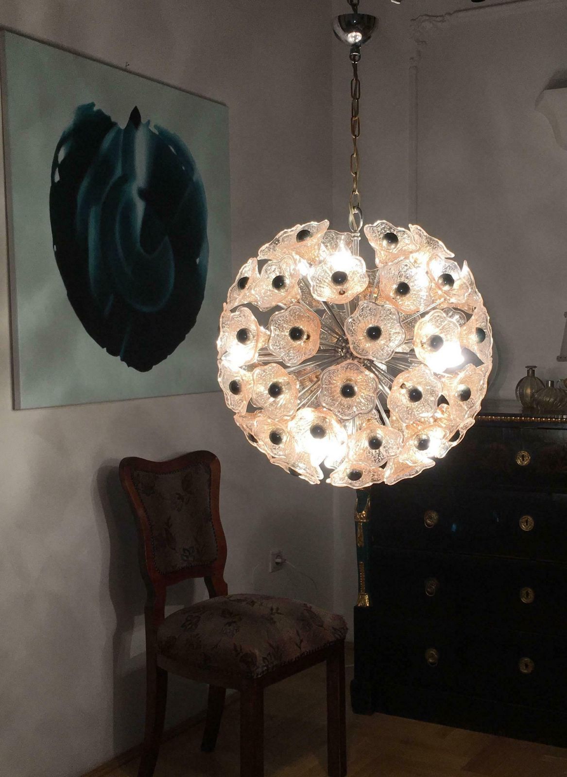 Sputnik Midcentury Pink Murano Glass Italian Chandelier, Vistosi Style, 1970 photo for sale