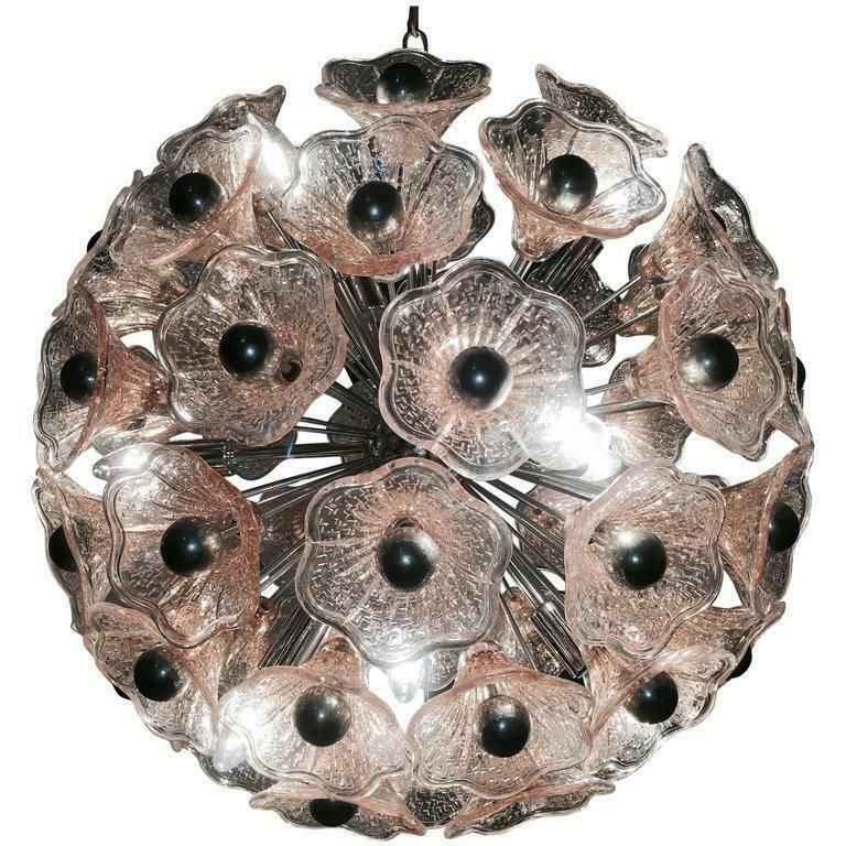 Sputnik Midcentury Pink Murano Glass Italian Chandelier, Vistosi Style, 1970 photo Lighting