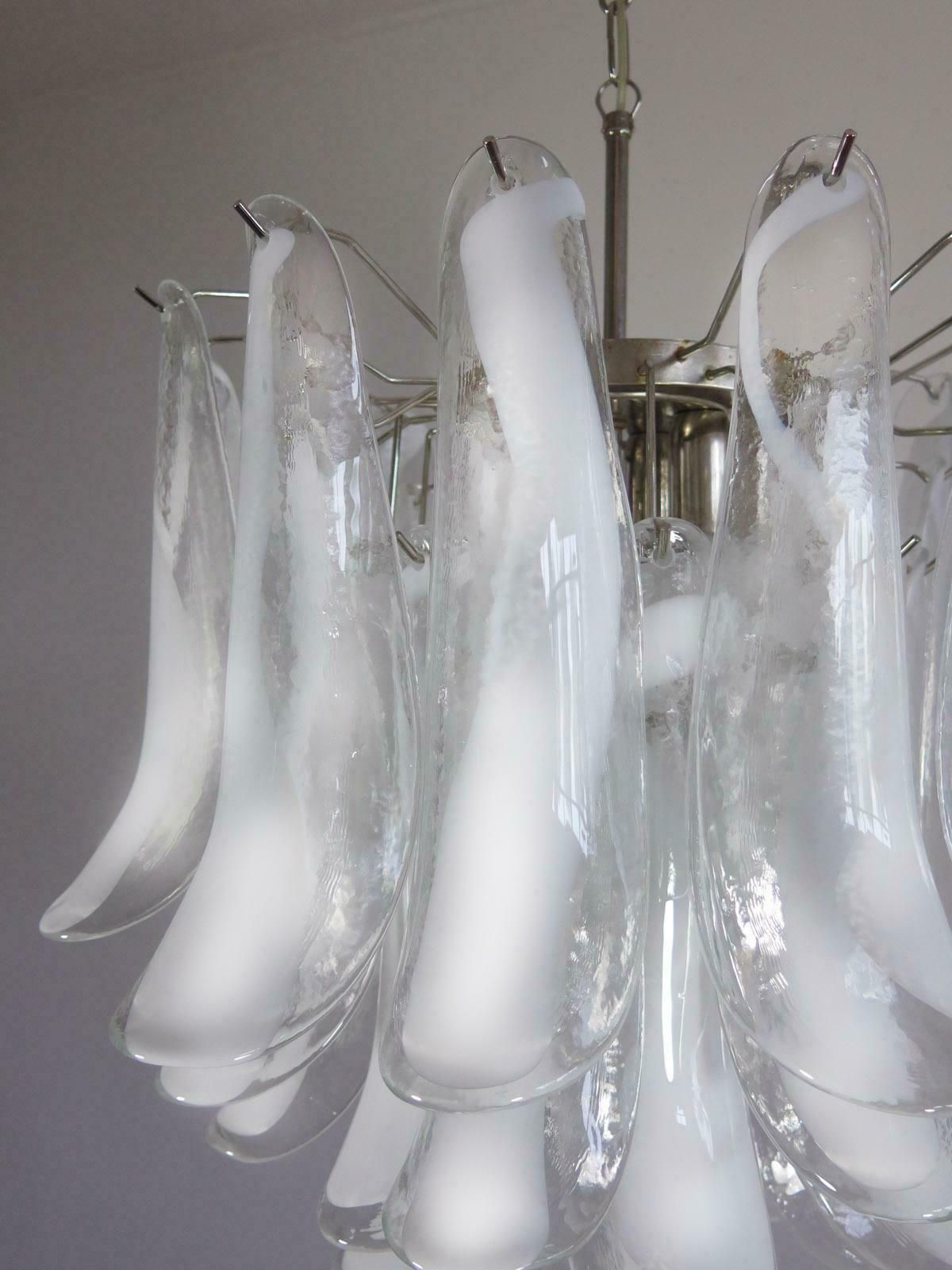 Pair Of Italian 41 White Petal Murano Chandeliers, Mazzega Style photo vinterior