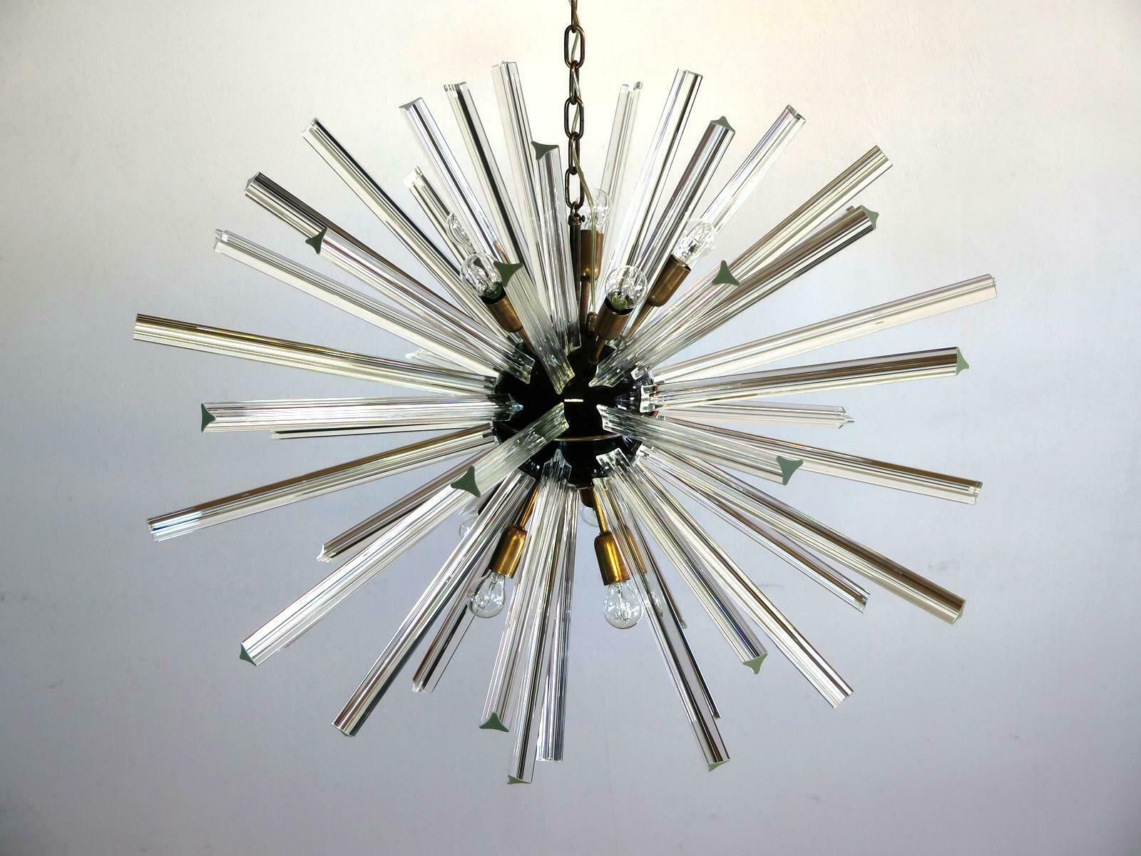 Exceptional Pair Of Glass Sputnik Chandeliers, 50 Crystal Glass ''Triedri'' Murano photo vintage