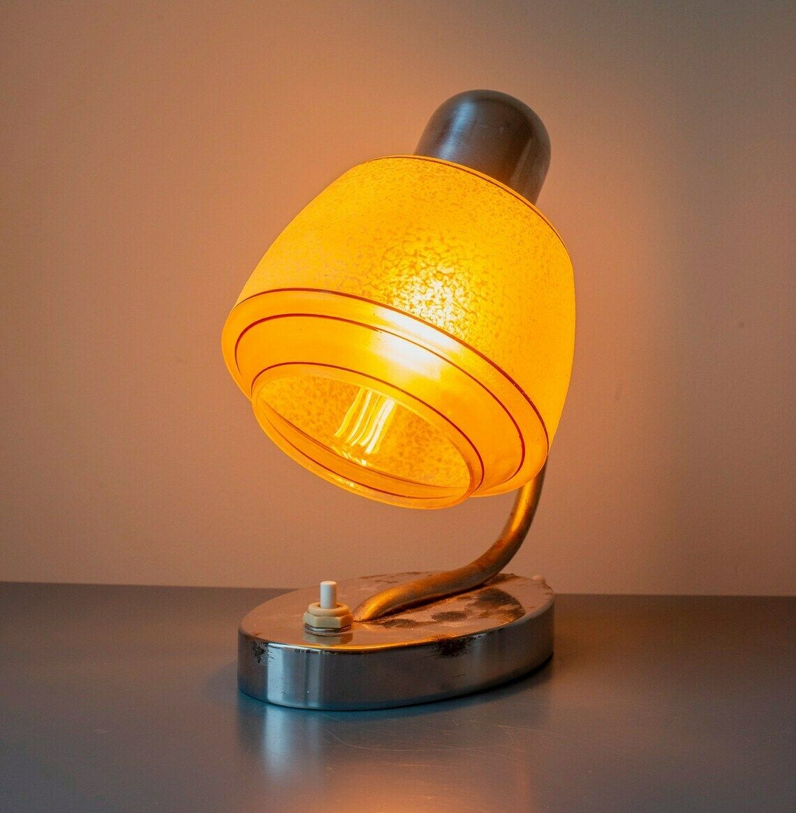 Chrome Gooseneck Table Lamp, 1950s Design, Napako, Pink Frosted Glass Lamp, Mid Century Decorative Desk Lamp, Retro Bedside Lamp photo vintage