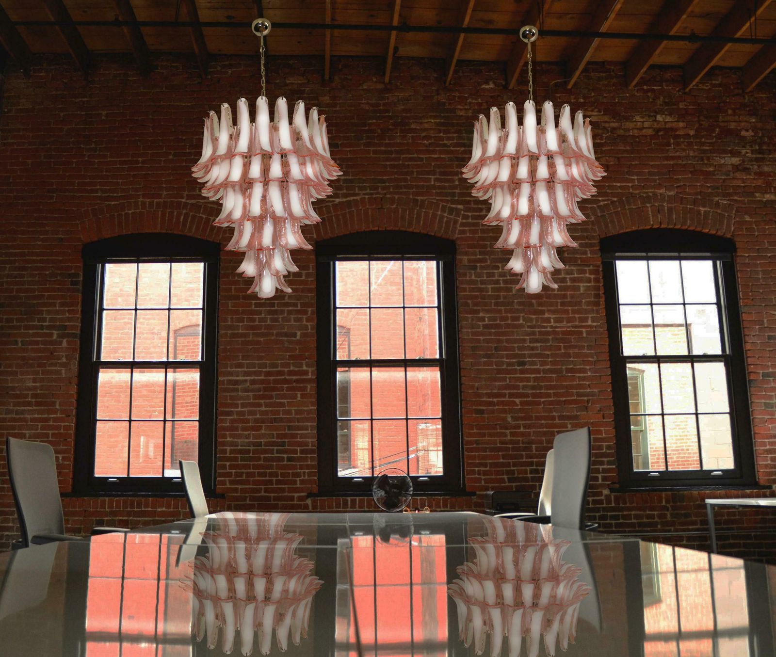Fabulous Pair Of Italian 75 Pink And White Petal Chandeliers, Murano photo Lighting