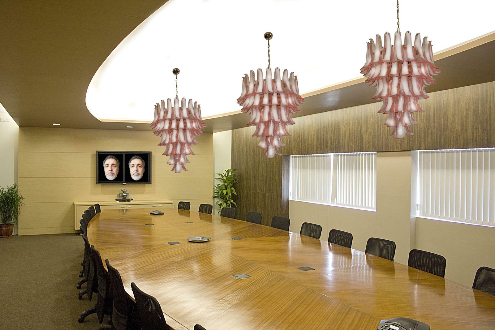 Fabulous Pair Of Italian 75 Pink And White Petal Chandeliers, Murano photo 4846.0