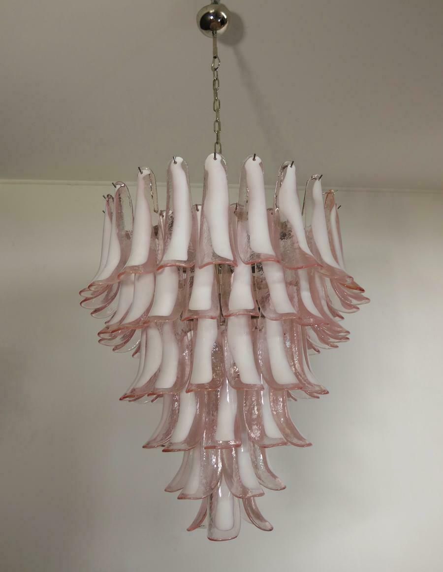 Fabulous Pair Of Italian 75 Pink And White Petal Chandeliers, Murano photo vinterior