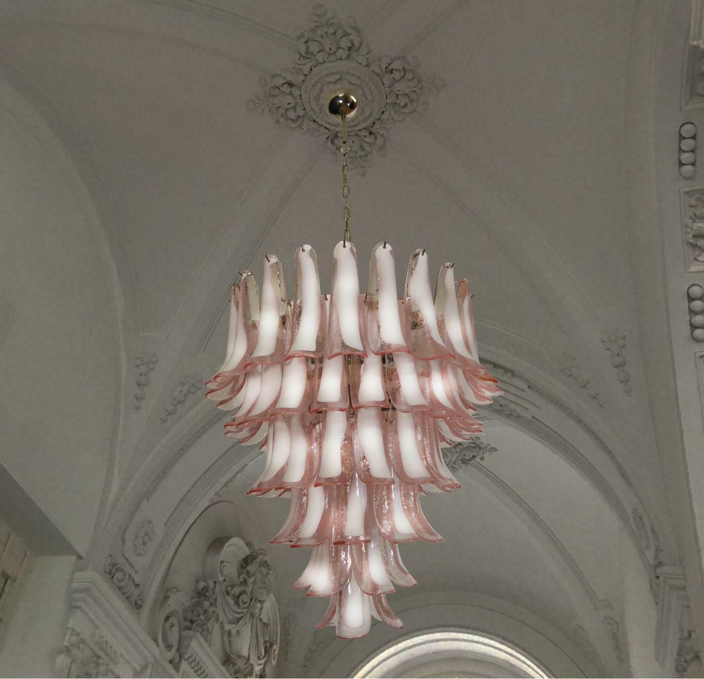 photo furniture Fabulous Pair Of Italian 75 Pink And White Petal Chandeliers, Murano