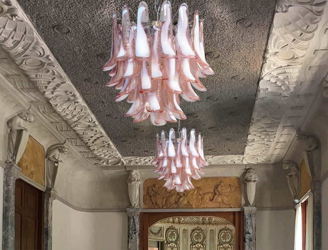 Pair Of Italian 41 Pink Petal Chandeliers, Murano photo buy