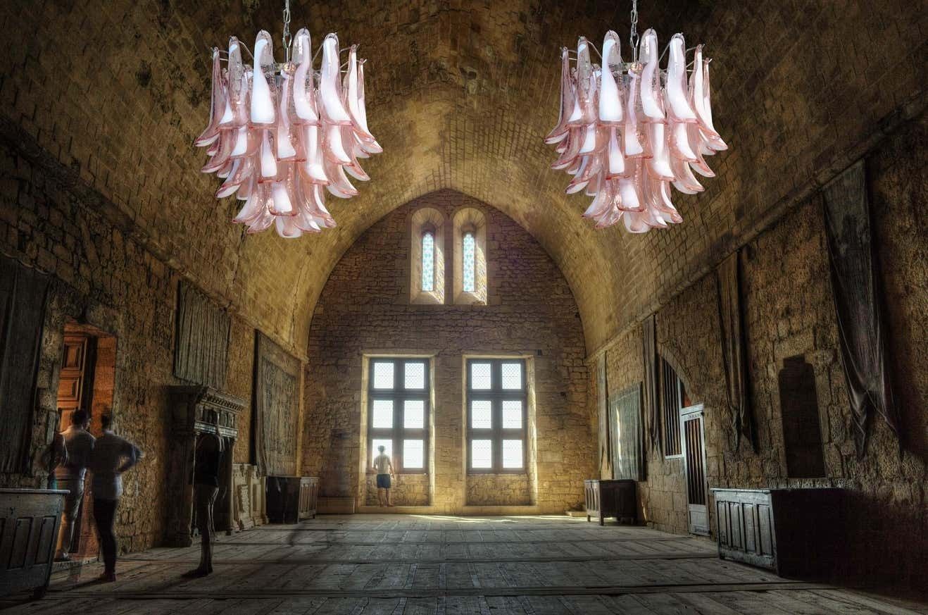 photo furniture Pair Of Italian 41 Pink Petal Chandeliers, Murano