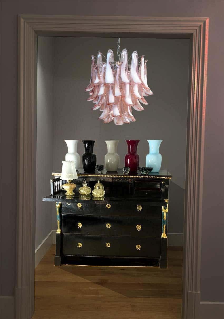 photo buy Pair Of Italian 41 Pink Petal Chandeliers, Murano