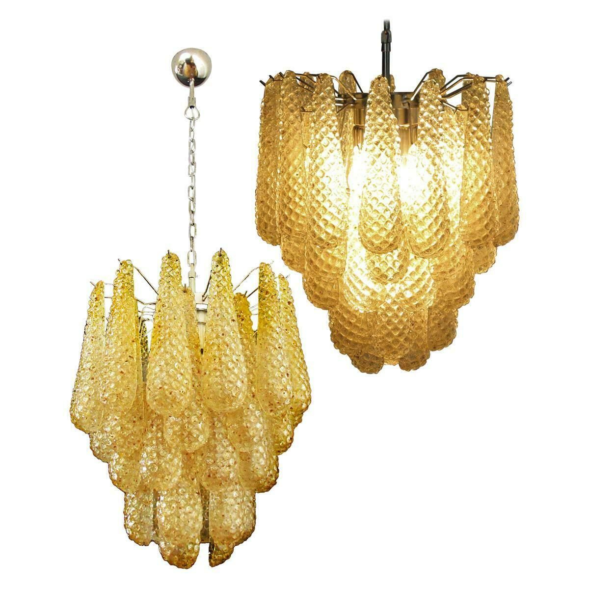Pair Of Italian 41 Amber Crystal Petals Chandeliers, Murano photo 3110.0