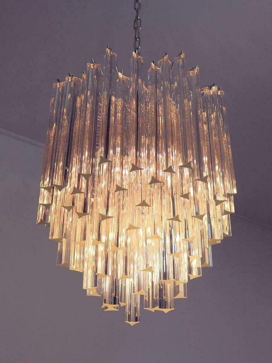 Pair Of Chandeliers Venini Style 92 Trasparent Prism Triedri, Murano, 1990 photo vinterior