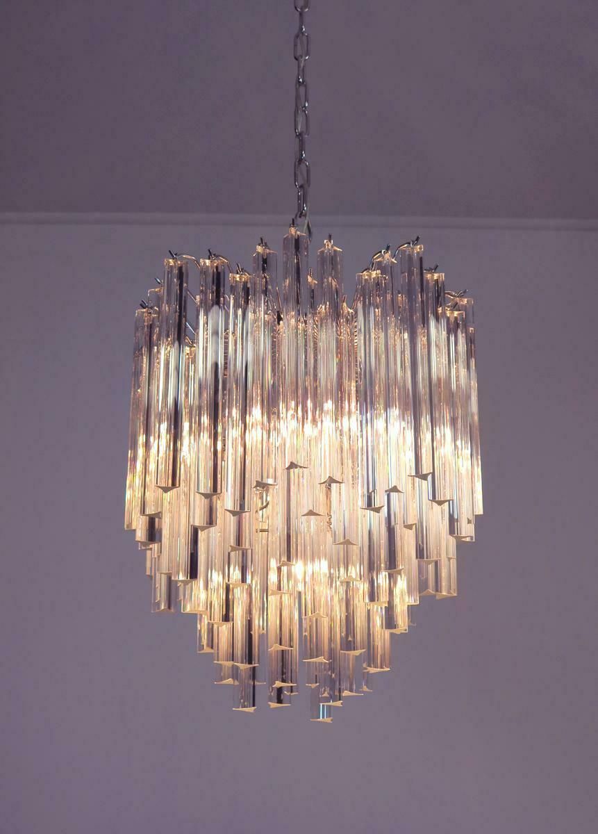 Pair Of Chandeliers Venini Style 92 Trasparent Prism Triedri, Murano, 1990 photo vintage
