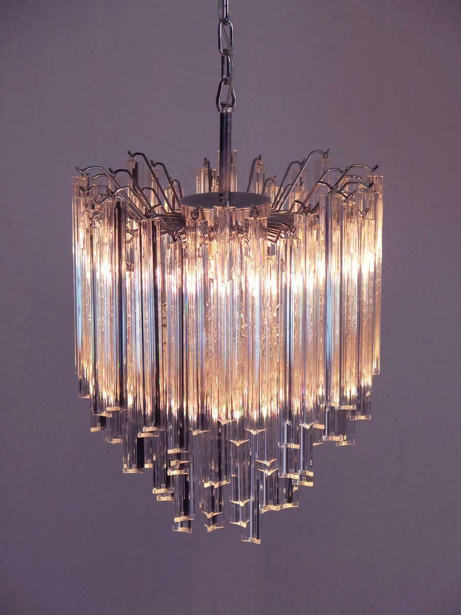 photo for sale Pair Of Chandeliers Venini Style 92 Trasparent Prism Triedri, Murano, 1990