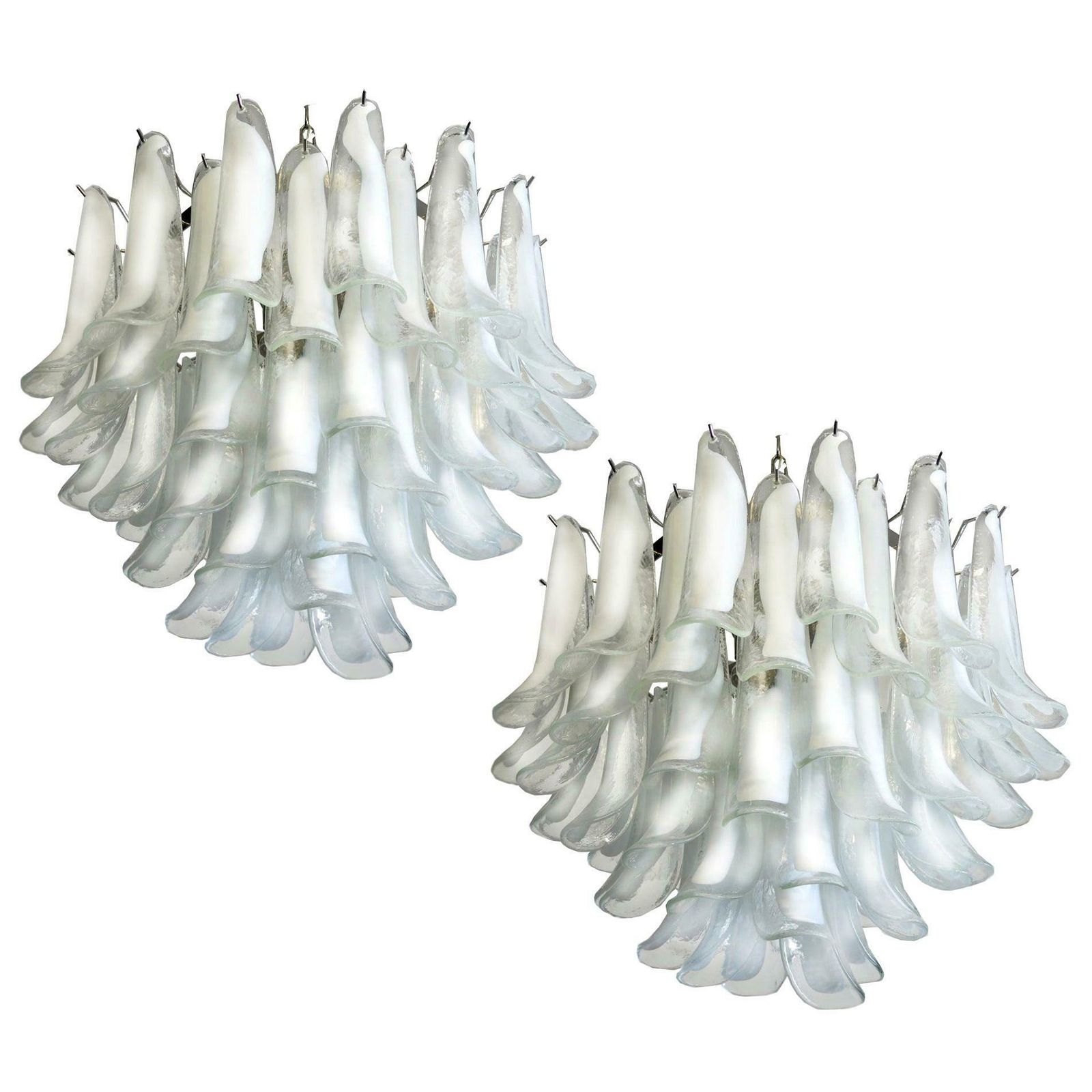 Pair Of Italian 53 White Petal Chandelier, Murano