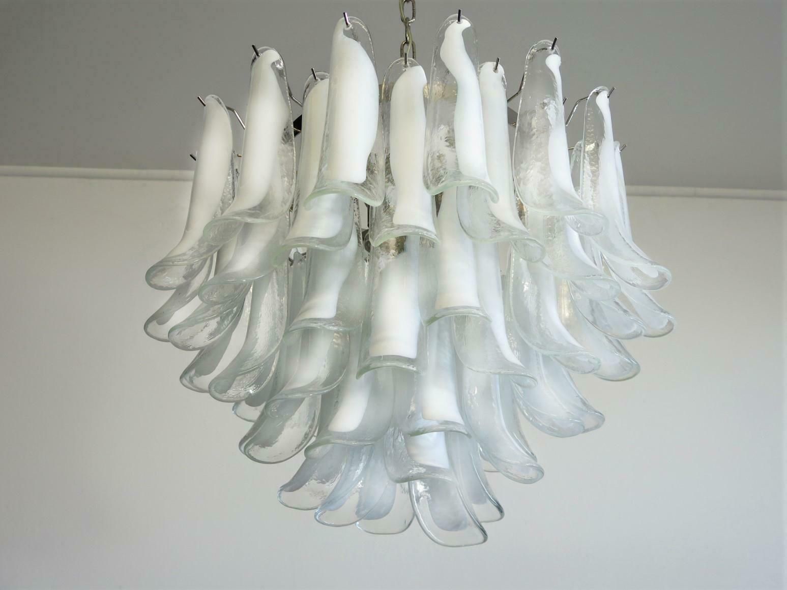 Pair Of Italian 53 White Petal Chandelier, Murano photo vinterior