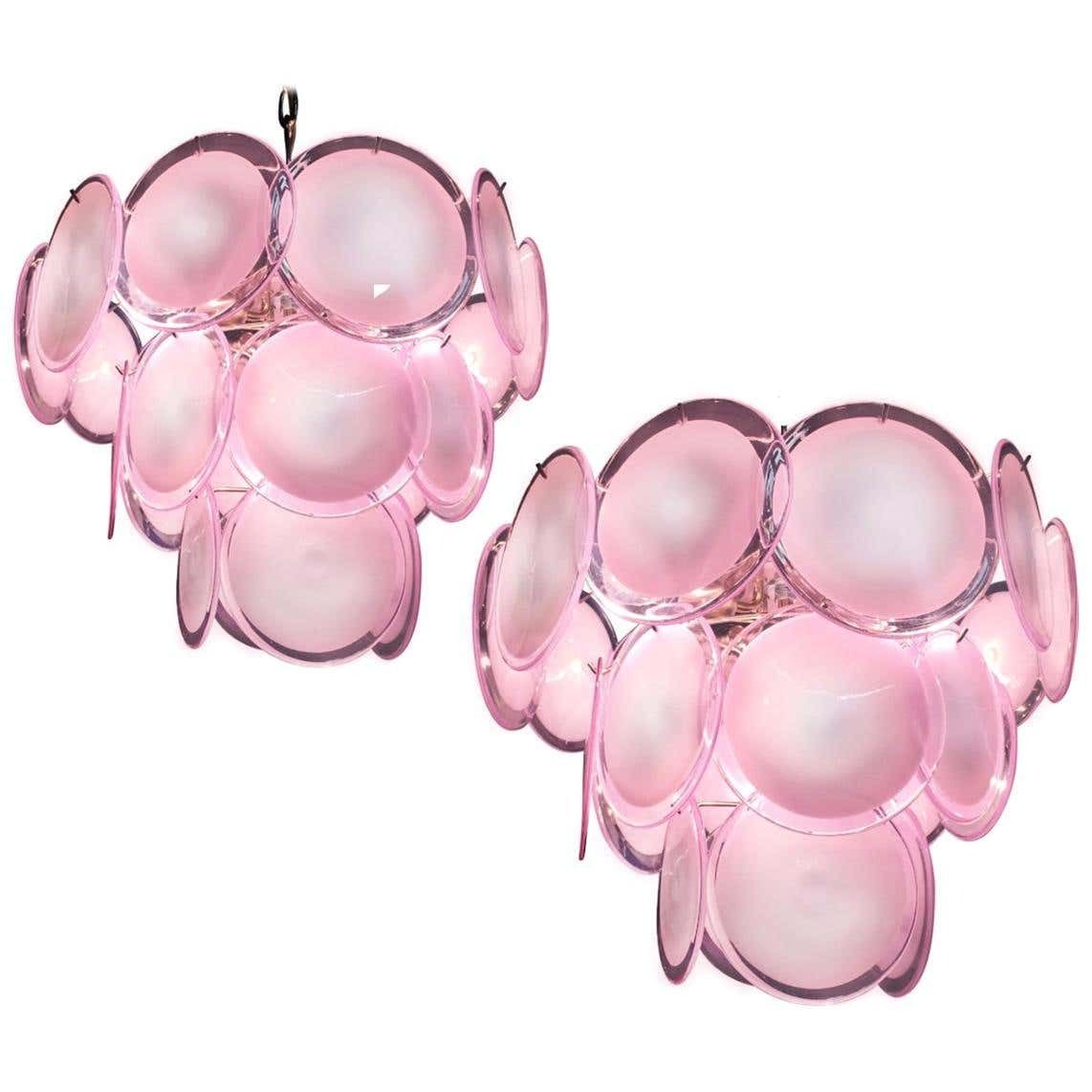 Pair Of Disc Murano Glass Chandeliers By Vistosi Style