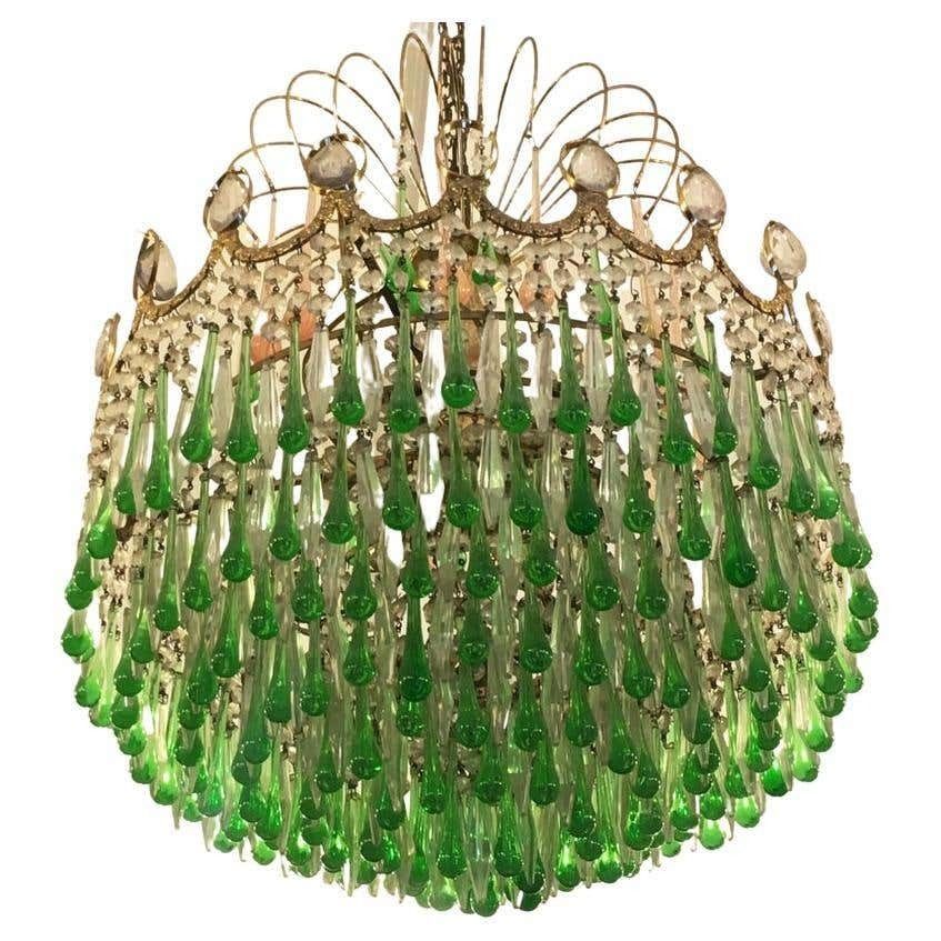Italian Green Glass Drops Chandelier Venini Style, Murano, 1970s