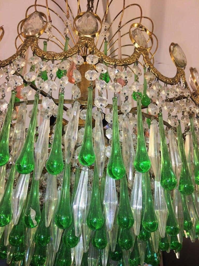 Italian Green Glass Drops Chandelier Venini Style, Murano, 1970s photo Lighting