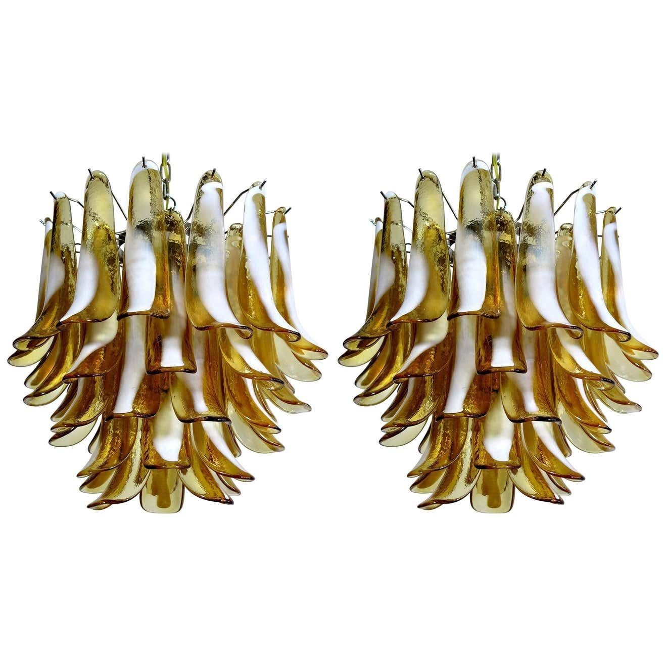 Pair Of Italian 41 Caramel Petal Murano Chandeliers, Mazzega Style