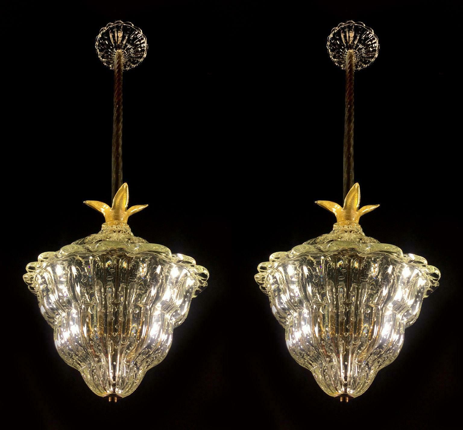 Pair Of Chandeliers "The King", Gold Inclusion By Barovier & Toso, Murano, 1940s photo furniture